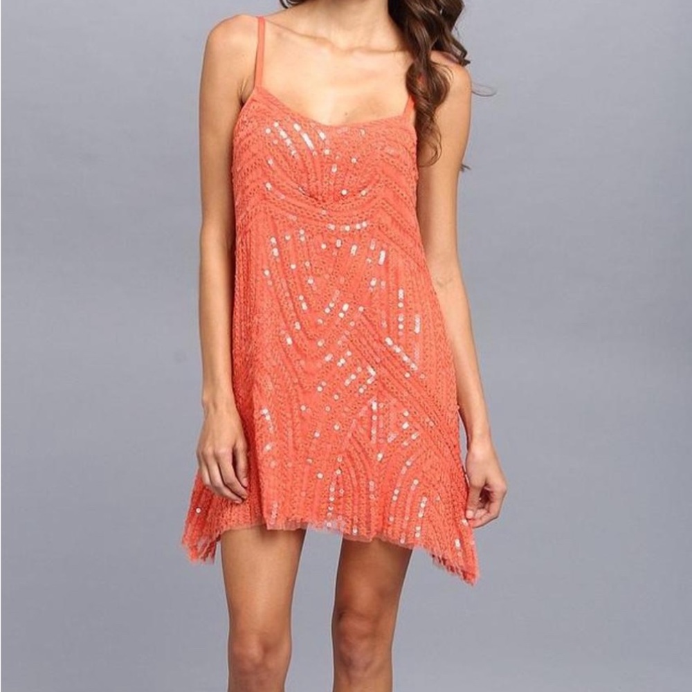 Free People boho NWT Coral Reef Full Sequin gatsby Mini Dress 6 $250 coquette